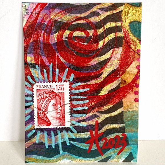 ACEO Original Acrylic Painting France Postage Stamp Art Tristina Dietz Elmes ATC - Picture 1 of 3